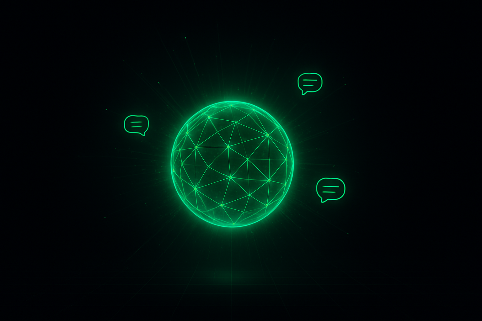 Neon emerald wireframe AI orb glowing on pure black tech hero
