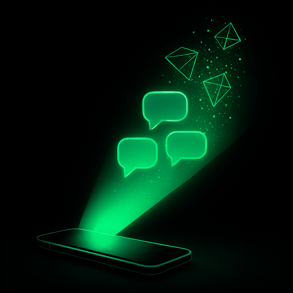 Phone emitting emerald light with rising chat bubbles on black